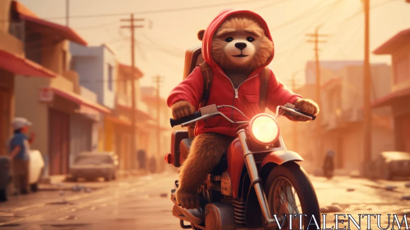 Playful Teddy Bear on a Motorcycle Journey through the City AI Image