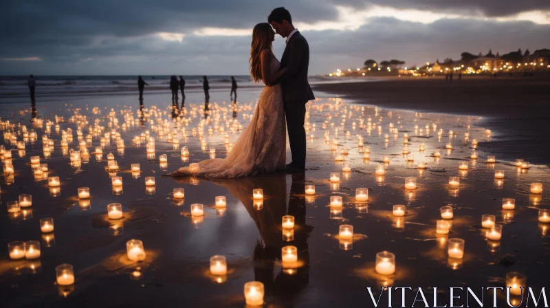 Romantic Beach Wedding Illuminated by Candles in California AI Image