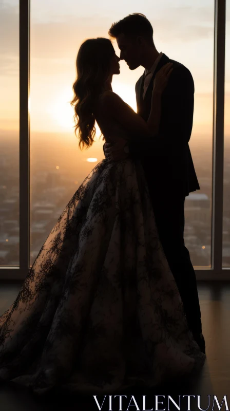 Romantic Sunset Cityscape - Bride and Groom Embrace AI Image