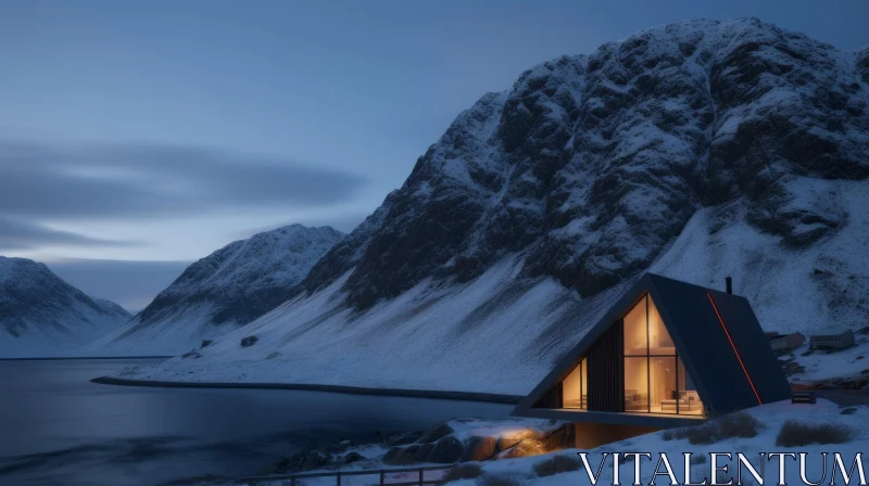 Serene Cabin in the Snowy Mountains - Minimalist Design AI Image