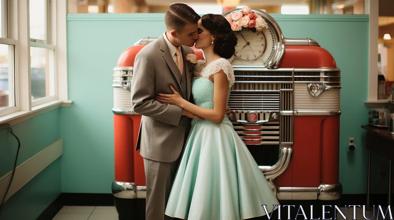 AI ART Vintage Romance: Couple Kissing Amidst Classic American Cars and Retro Music Equipment