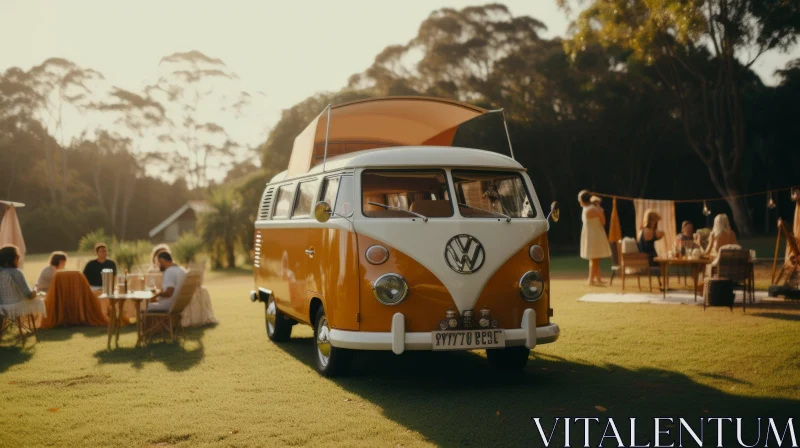 Vintage VW Camper Park Scene with Guests | Dark Orange & Light Gold AI Image