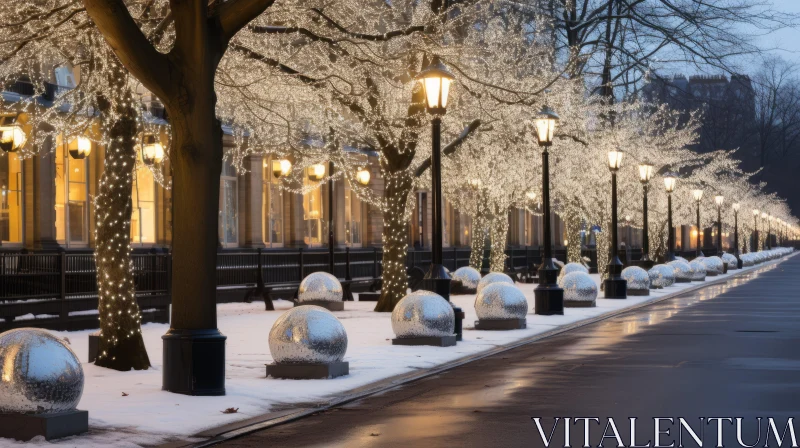 AI ART Winter Wonderland: A Snowy Road with Baroque-Inspired Lighting