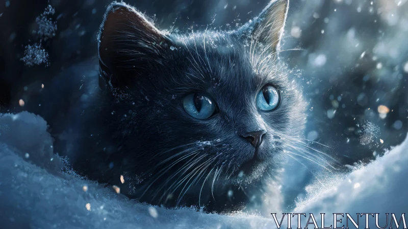 Blue-Eyed Cat in a Snowy Night AI Image