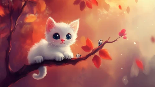 Whimsical Kitten in an Autumn Scene - Digital Illustration