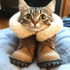 Cute Tabby Cat in Tan Boots with Fluffy Fur Lining