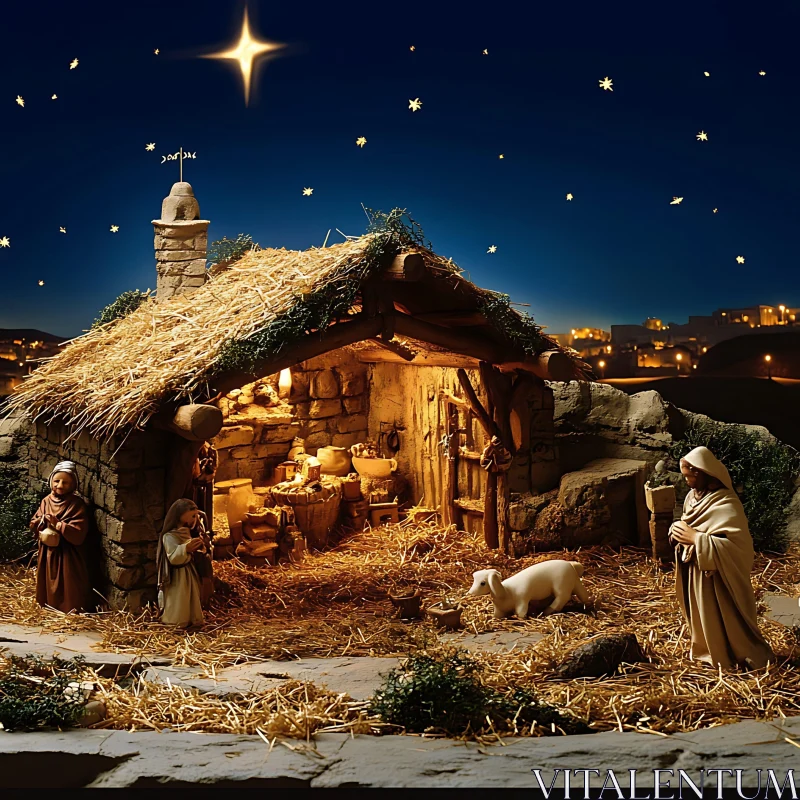 Nativity Scene in a Stable with Bright Star AI Image