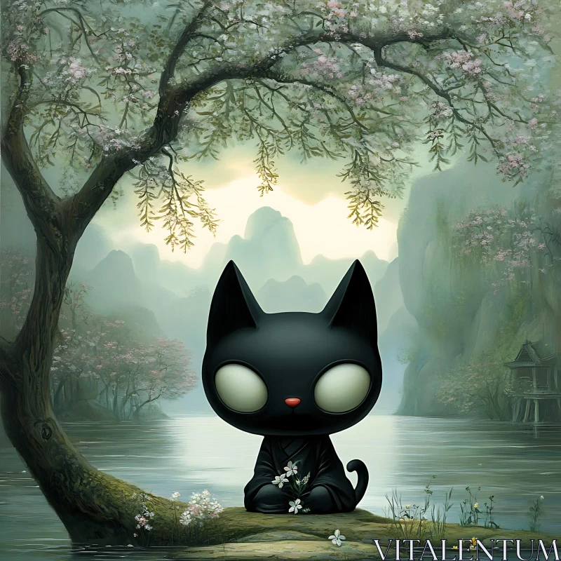 AI ART Serene Scene with Adorable Black Cat