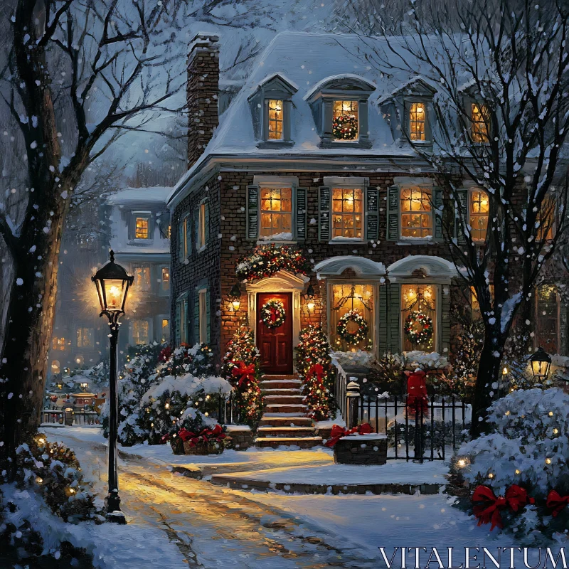 Cozy Christmas House with Snow and Holiday Lights AI Image