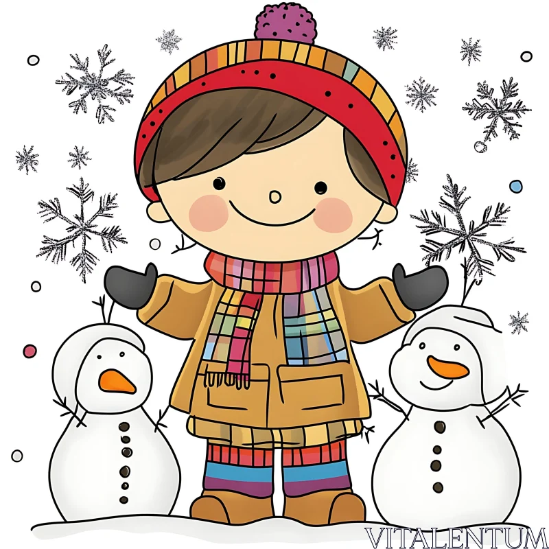 Cheerful Child with Snowmen in Winter Artwork AI Image