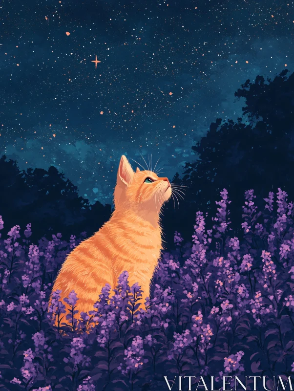 Cat Gazing at Stars in Flower Meadow AI Image