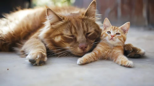 Cute Orange Cat and Kitten Resting