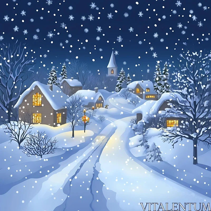 Peaceful Snow-Covered Village AI Image