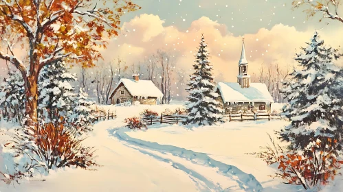 Snowy Countryside with Cottage and Church