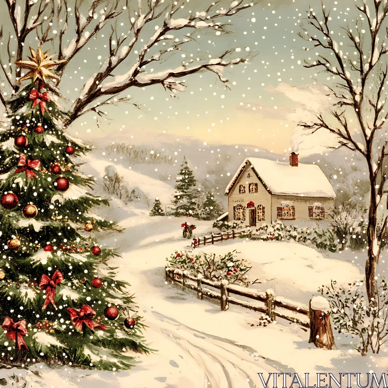 Snowy Christmas Landscape with Cozy Cottage and Decorated Tree AI Image