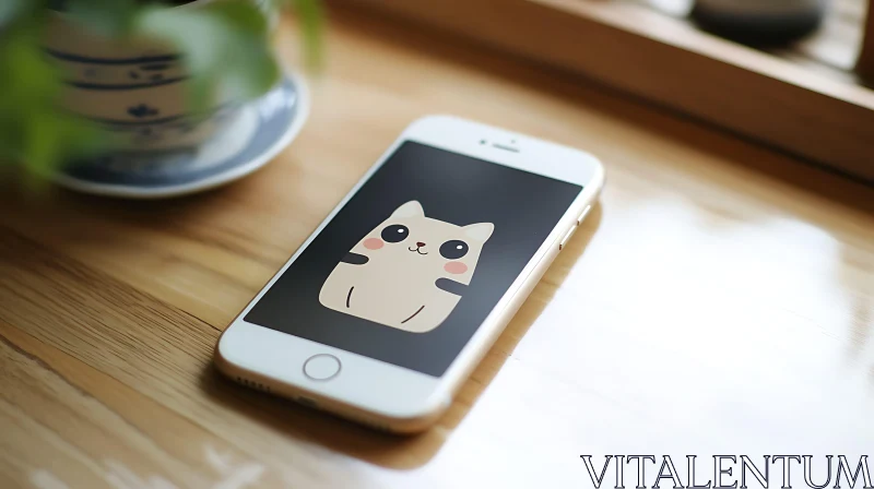 AI ART White Smartphone on Wooden Surface with Cat Illustration