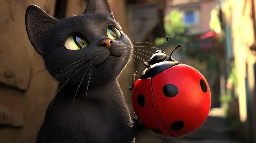 Adorable Black Cat and Ladybug in Urban Scene