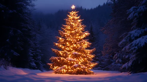 Magical Holiday Tree Illuminated in Winter Forest