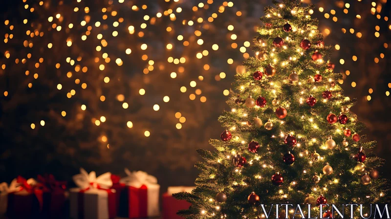 Festive Christmas Tree with Lights and Gifts AI Image