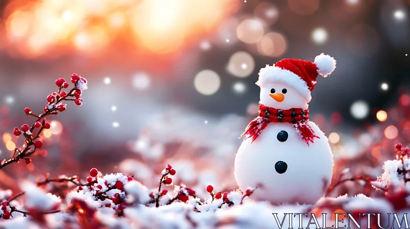 Snowman with Santa Hat and Sunset in Snowy Landscape AI Image