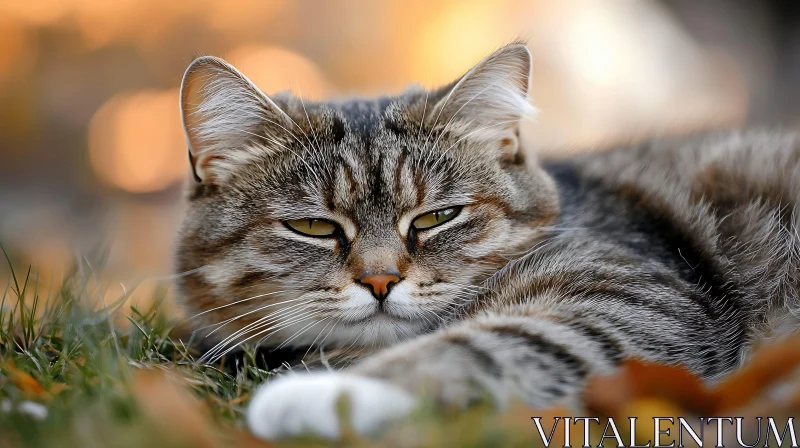 Calm Cat Relaxing in Autumn Nature AI Image