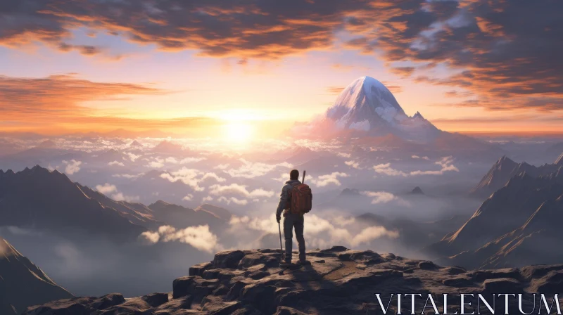 A Captivating Sunrise Scene: Man on Top of Mountain AI Image