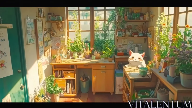 Sunny Art Studio with White Cat and Abundant Greenery AI Image