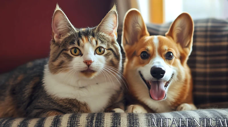 Cat and Dog Sitting Together on a Couch AI Image