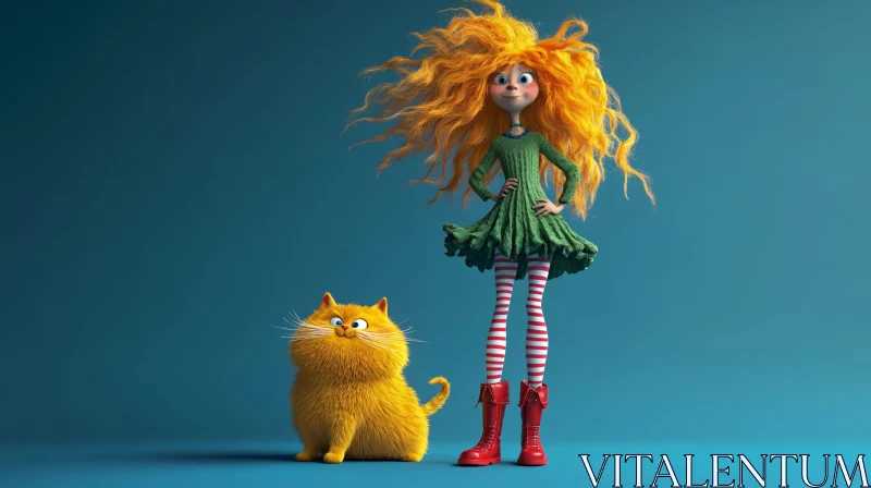 Imaginative Character Design of Girl and Cat AI Image