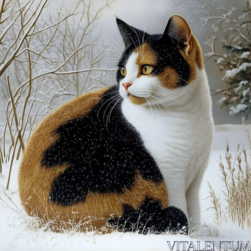 Winter Portrait of a Calico Cat in Snow AI Image