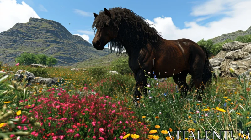 Beautiful Dark Brown Horse in a Lush Green Field AI Image