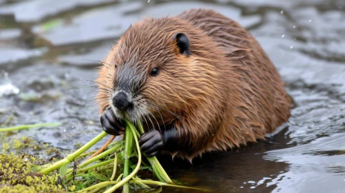 Brown Beaver Eating in Water: A Serene Natural Scene