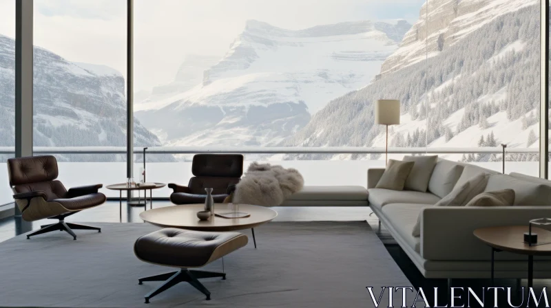 Captivating Mountain View: Serene Living Area with Breathtaking Scenery AI Image