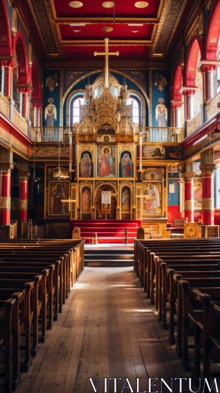 Church Interior with Wooden Pews and Spectacular Backdrops AI Image