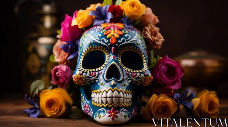 Colorful Sugar Skull with Flowers: A Blend of Mexican and American Cultures AI Image