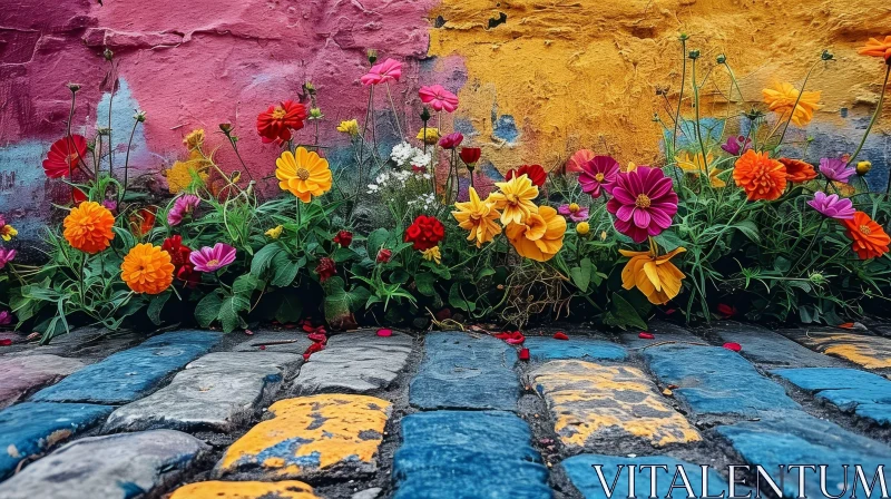 Colorful Wall with Vibrant Flowers: A Captivating Sight AI Image