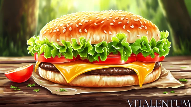 Delicious Cheeseburger on Wooden Table in Enchanting Forest AI Image