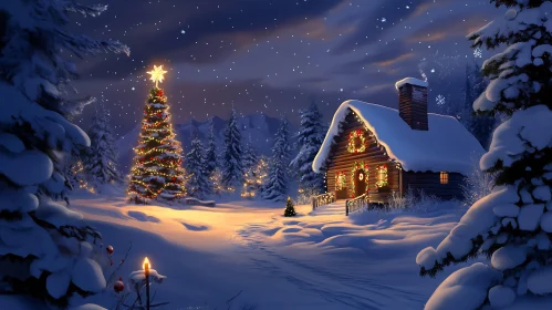 Holiday Cabin with Illuminated Christmas Tree and Snow