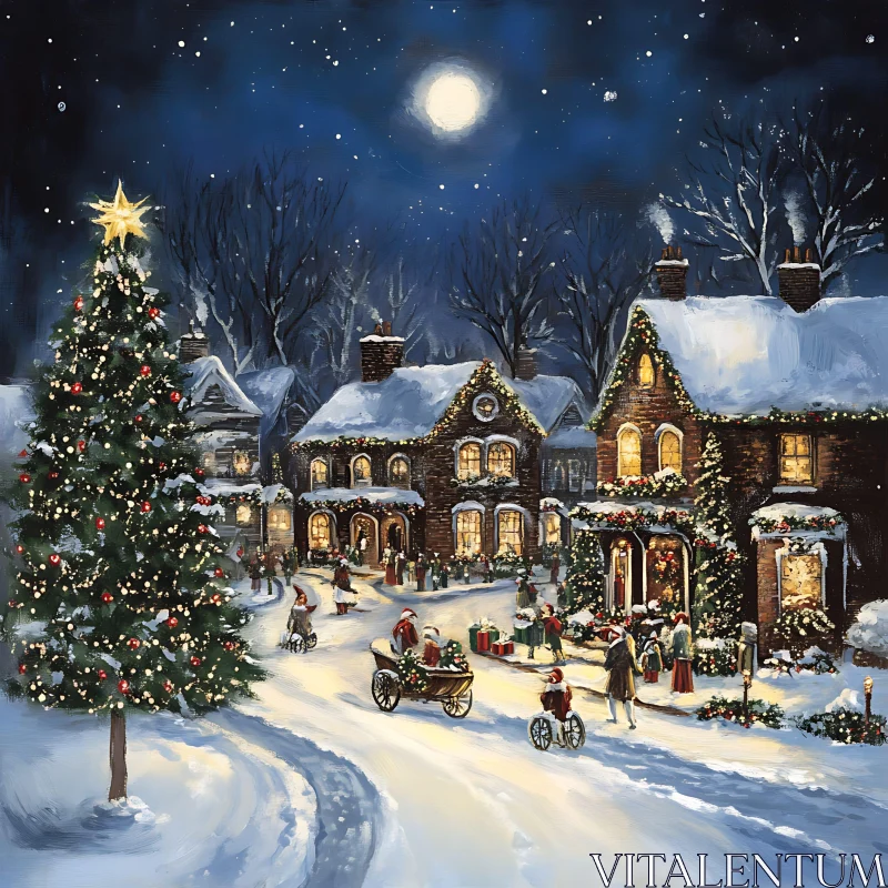 Festive Moonlit Christmas Village AI Image