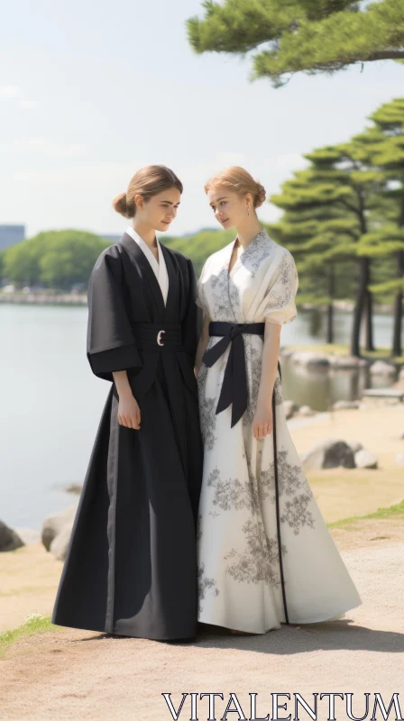 Elegant Women in Kimonos by Lakeside: A Study in Contrast & Precision AI Image