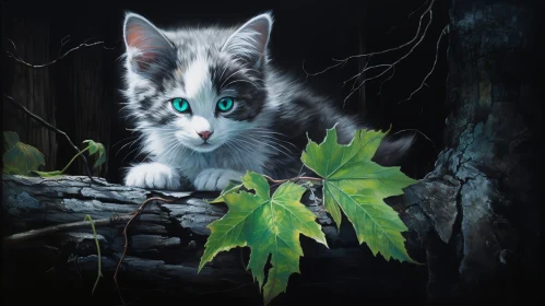 Gray and White Kitten on Tree Branch Painting