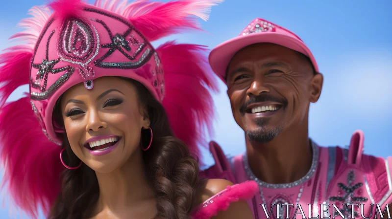 Joyful Couple in Pink Carnival Attire AI Image
