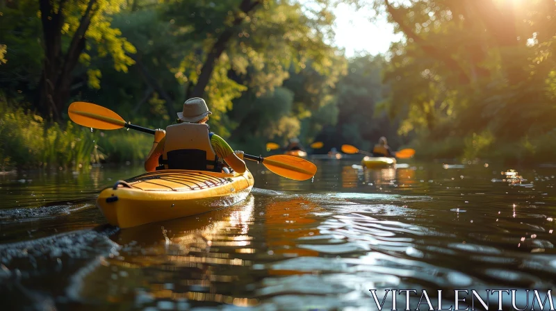 Kayaking on River with Sunlight and Trees AI Image