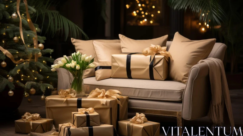 Luxurious Gold Christmas Gift Wrap with Flowers and Tree on Sofa AI Image