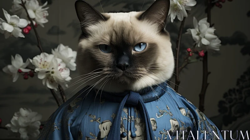 Regal Cat in Blue Chinese Robe with Flowers AI Image