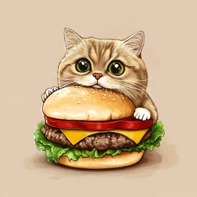 Whimsical Cat and Burger Illustration