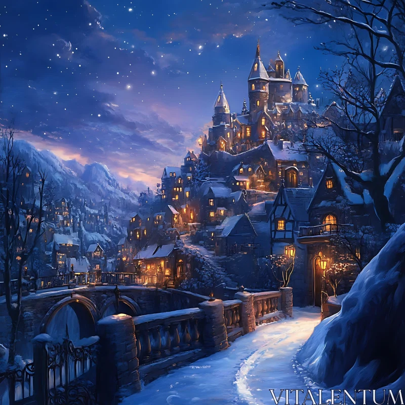 Serene Snowy Village Under Starry Night AI Image