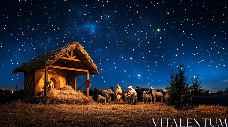 Peaceful Manger Scene with Starry Sky AI Image