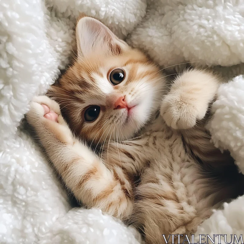 AI ART Cute Ginger Kitten Wrapped in Soft White Blankets