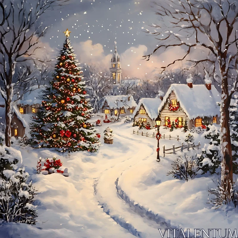 Charming Snowy Christmas Village Scene AI Image